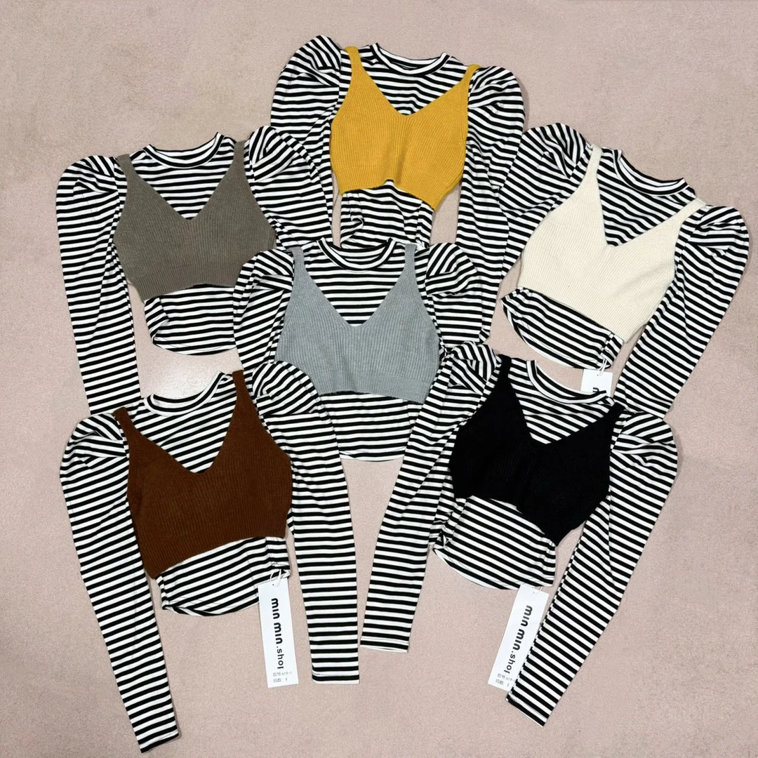 雯雯家 2026春季新款不加绒条纹泡泡袖上衣➕针织马甲两件套
