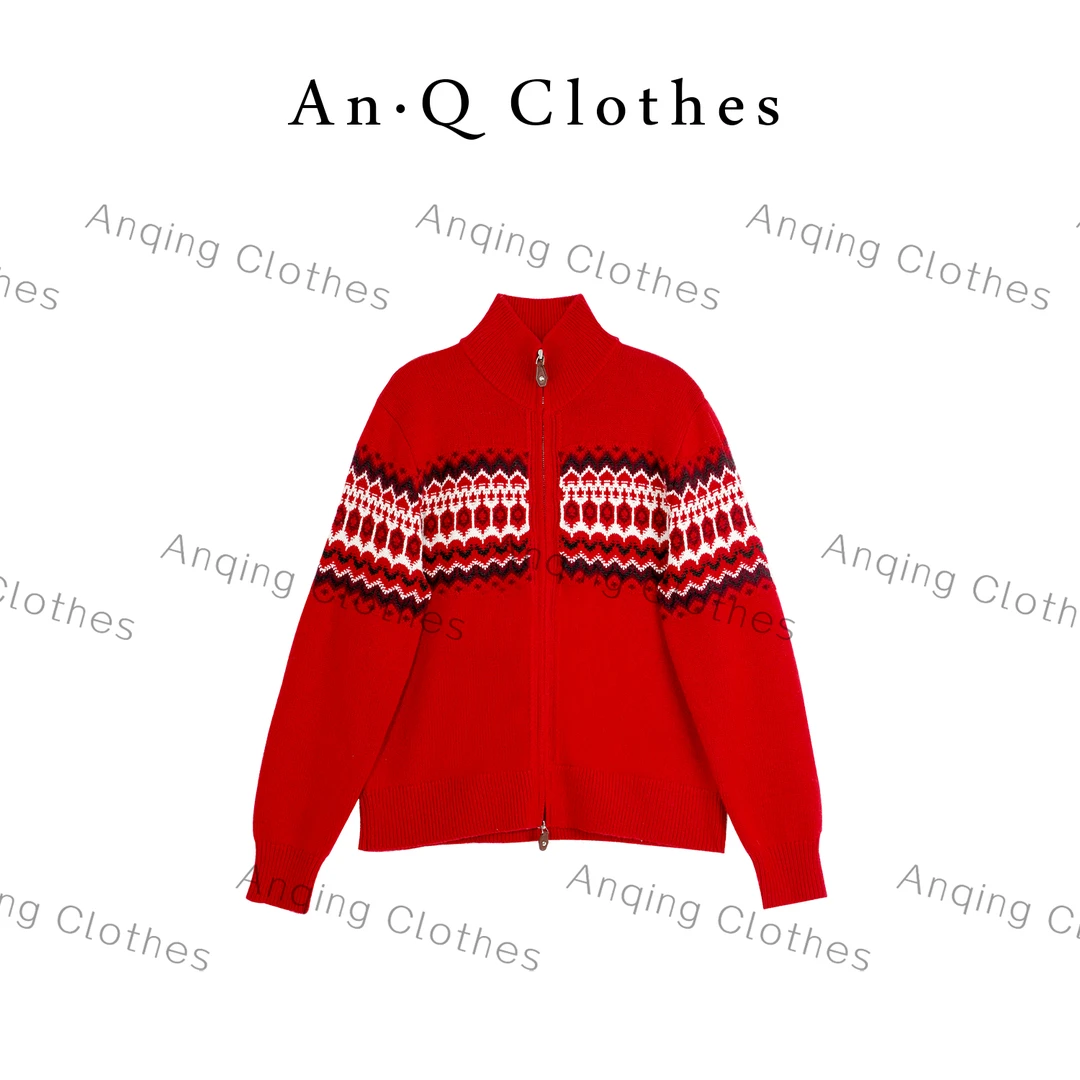 安清 An‘’纹运'整身重磅羊毛经典的费尔岛提花撞色针织开衫1118