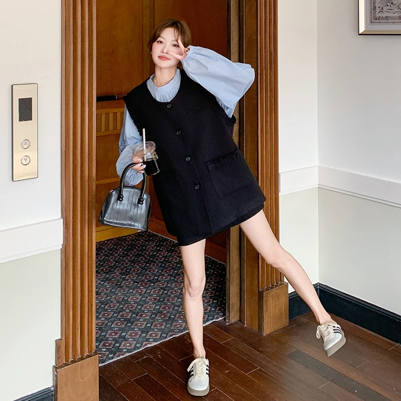 韩版宽松显瘦短款木耳边拼接套装女装2025秋季新款时尚撞色三件套