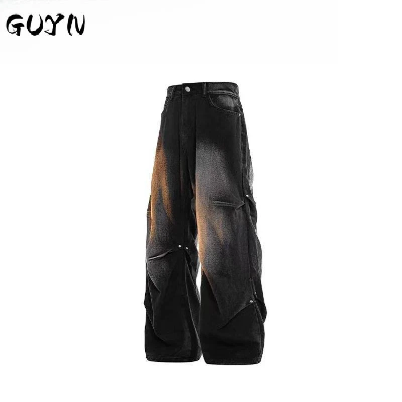 男士水洗复古百搭牛仔裤渐变休闲直筒裤黑色高街欧美扎染美式春夏