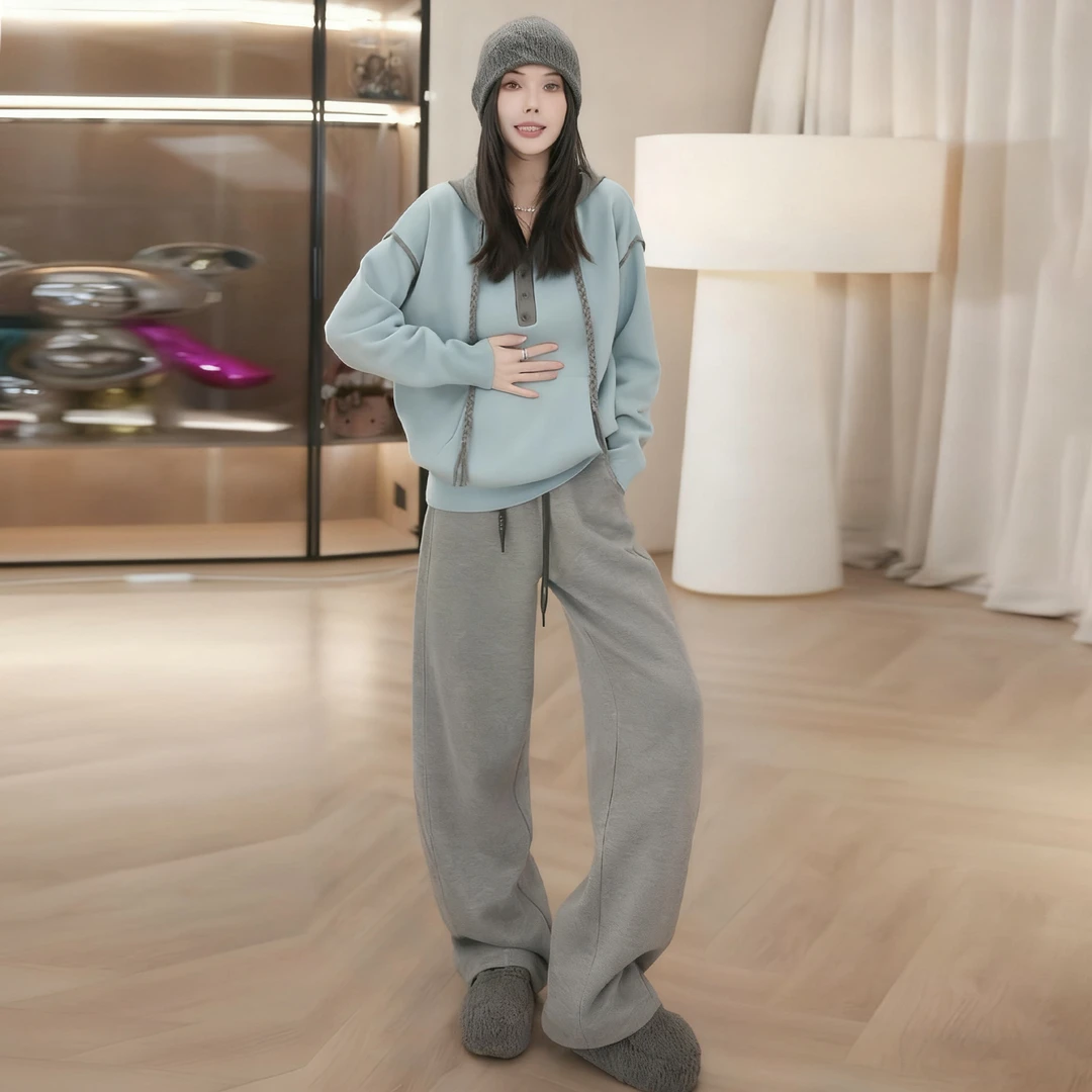 高级感时尚百搭套装女秋新款时髦显瘦连帽长袖卫衣阔腿长裤两件套