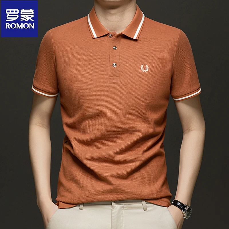 罗蒙高级感男装夏季新款纯棉休闲短袖T恤男士翻领Polo衫纯色体恤