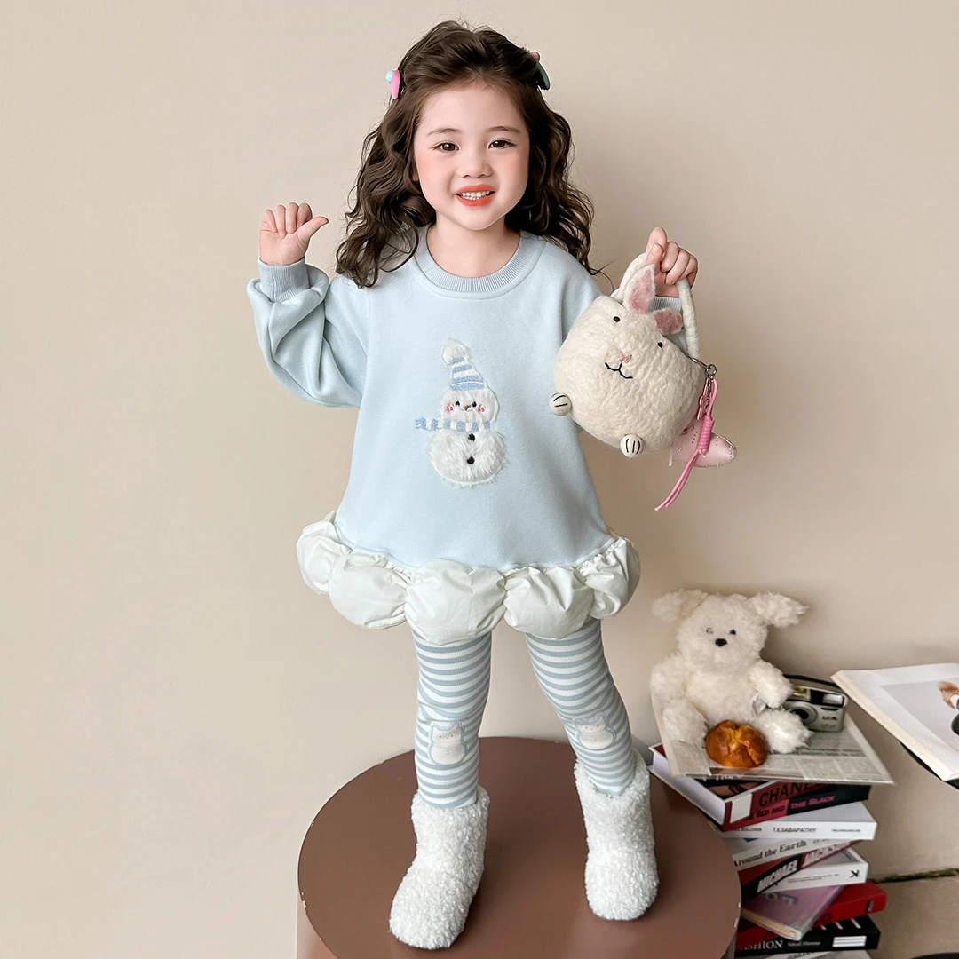 女宝宝巨好看套装2025新款秋冬季儿童加绒厚花苞卫衣打底裤两件套