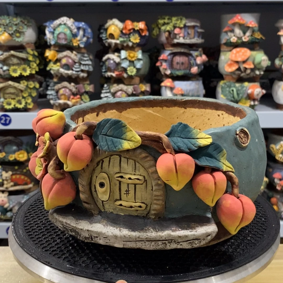 红陶爱**白狐粗陶手捏花盆