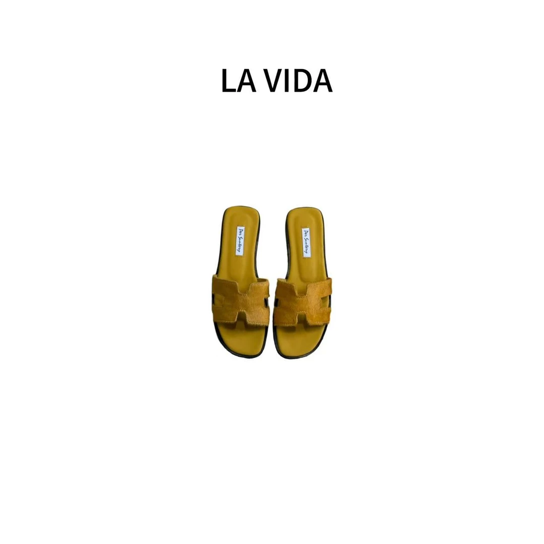 LA VIDA-「超显白」柠檬黄马毛拖鞋