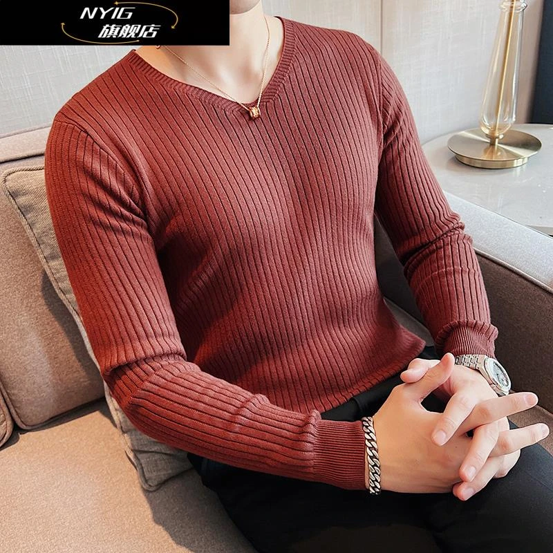 NYIGV领长袖T恤男士秋2025内搭高级感薄款毛衣条纹时尚针织打底衫