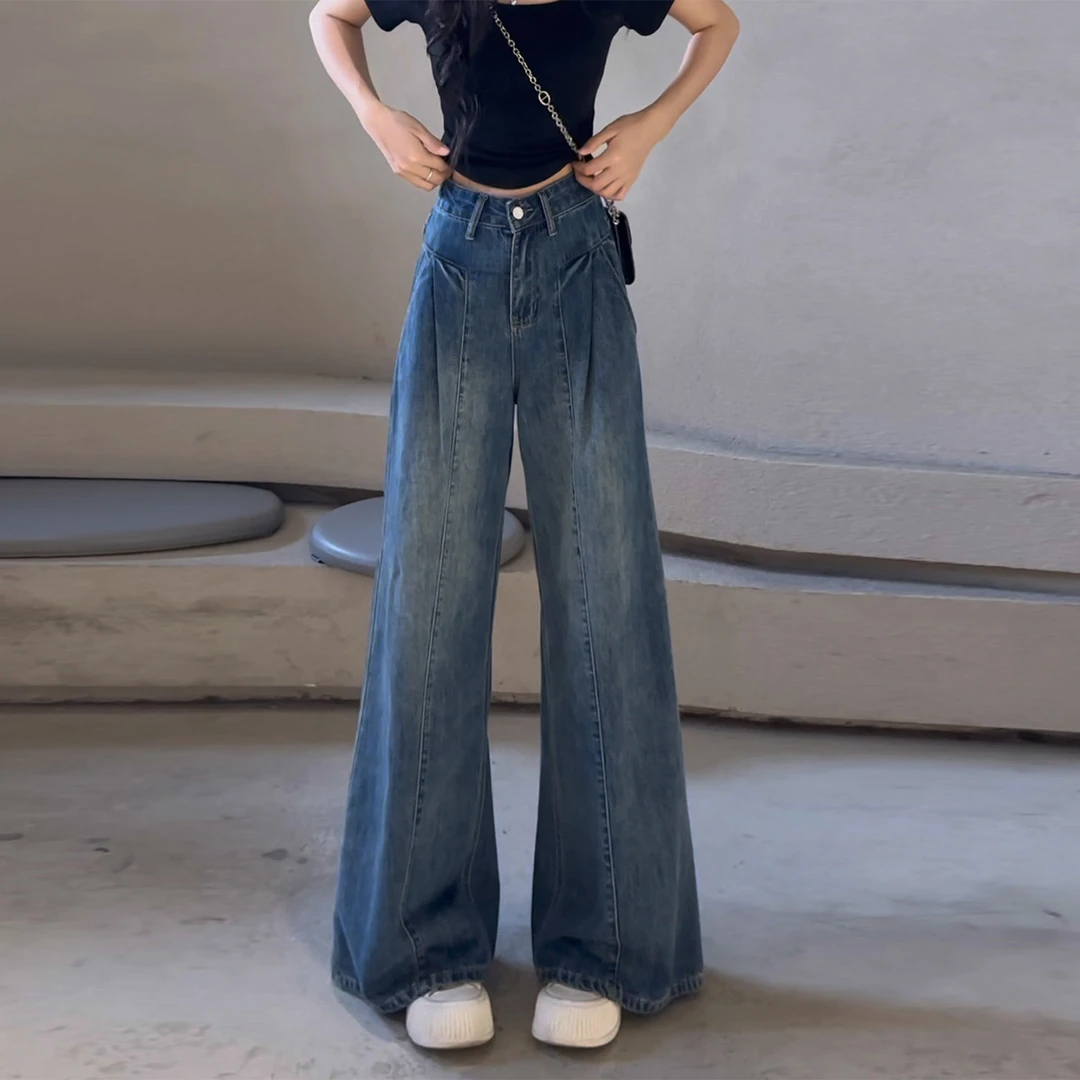 美式复古高腰阔腿牛仔裤女秋薄款2025新款宽松遮胯垂感直筒拖地裤
