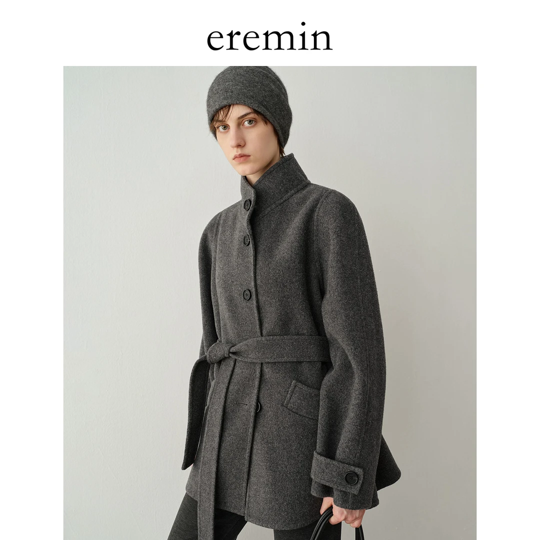 DE Mincollection灰呢大衣/松弛立领短款腰带廓形羊毛呢大衣55982