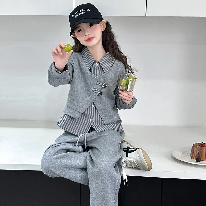 女童套装春秋装2025新款儿童洋气女大童卫衣时尚阔腿裤假衬三件套