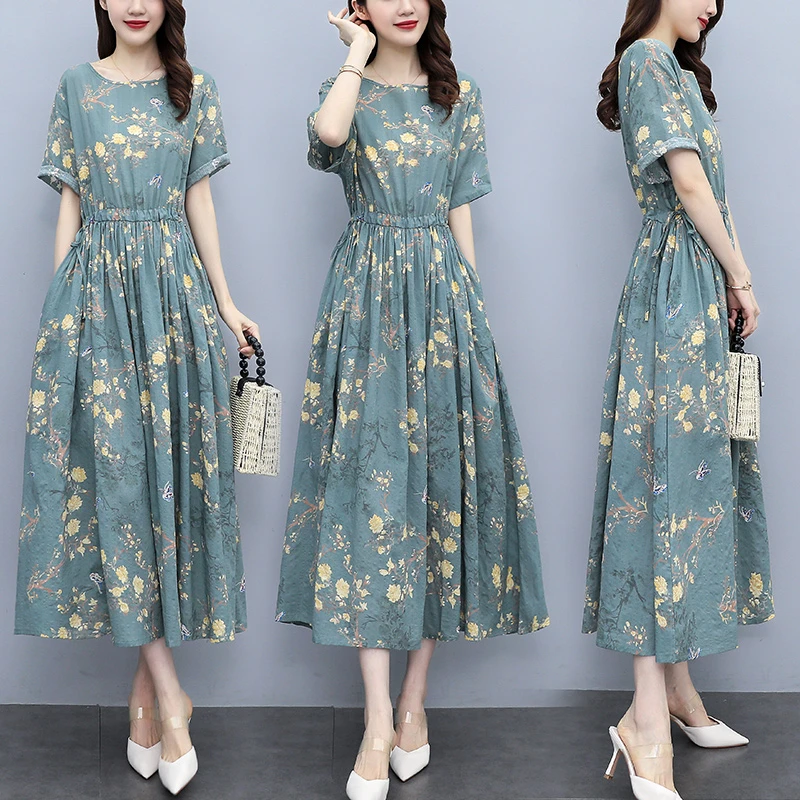 棉麻连衣裙女士2025夏季新款大码高端亚麻碎花收腰长裙到脚踝裙子