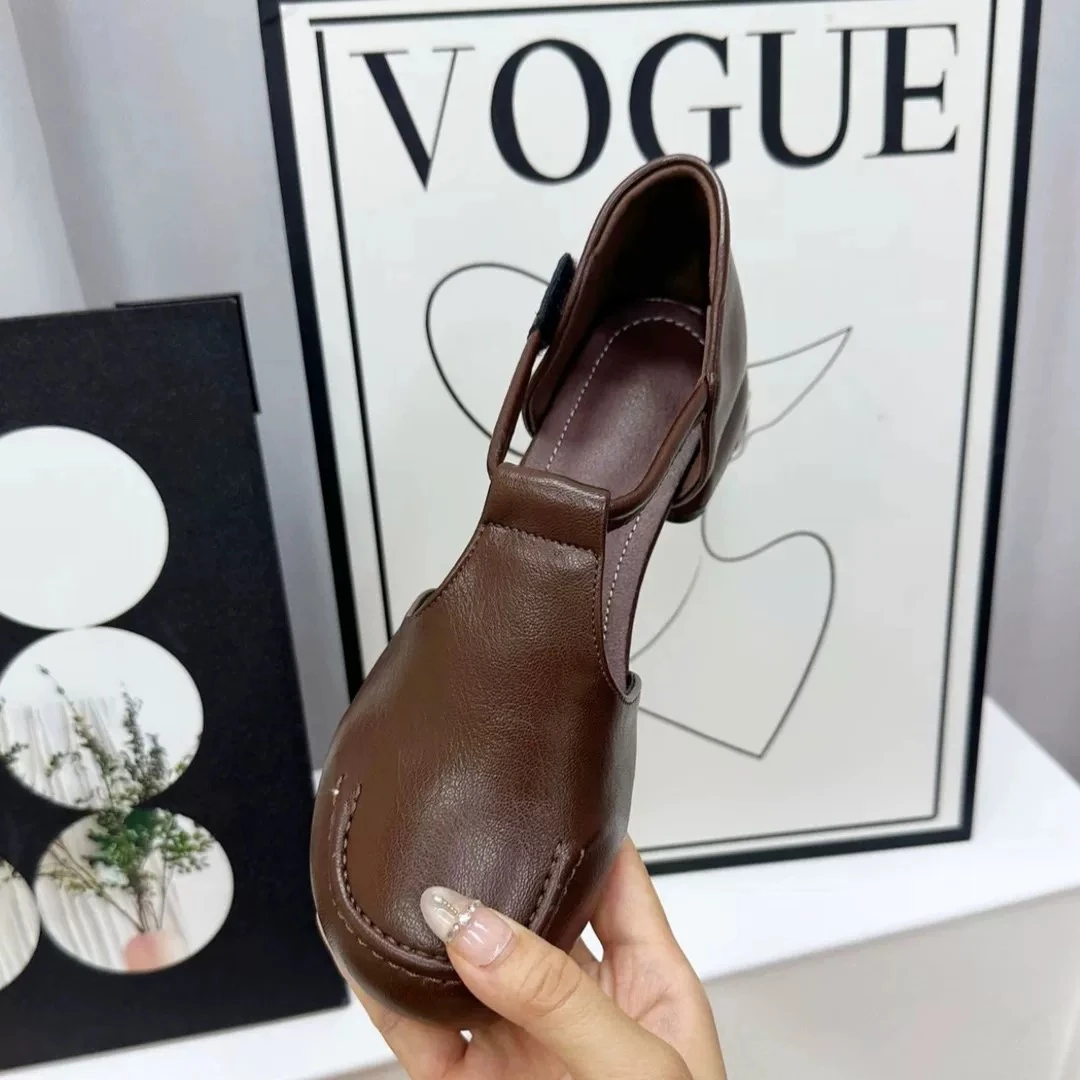 复古真皮圆头粗低跟玛丽珍鞋女2025新款百搭舒适浅口单鞋皮鞋6060