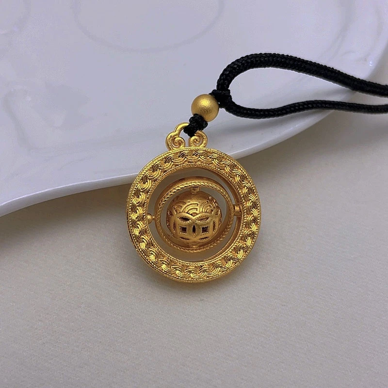 吊坠 1293-旋转镂空古法双面素金花百福吊坠编织传承