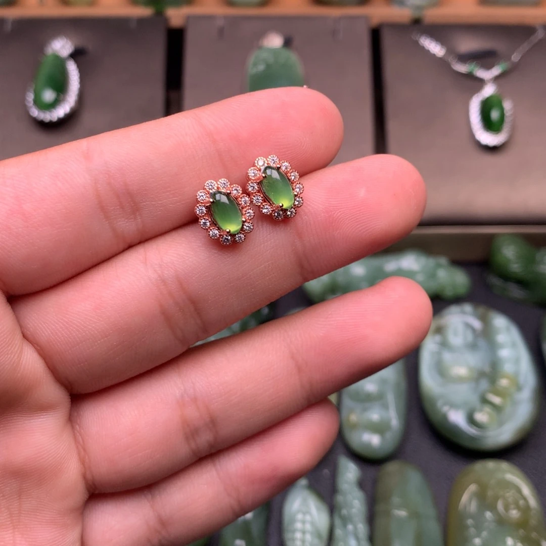 和田玉银S925镀金镶嵌耳饰