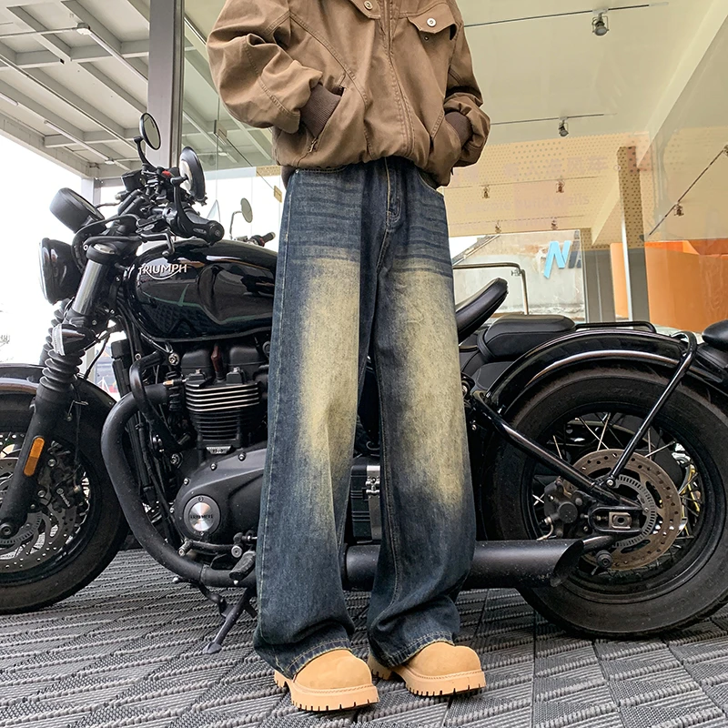 V37牛仔裤男2025春季复古机车裤子美式高街潮牌水洗渐变港风男裤