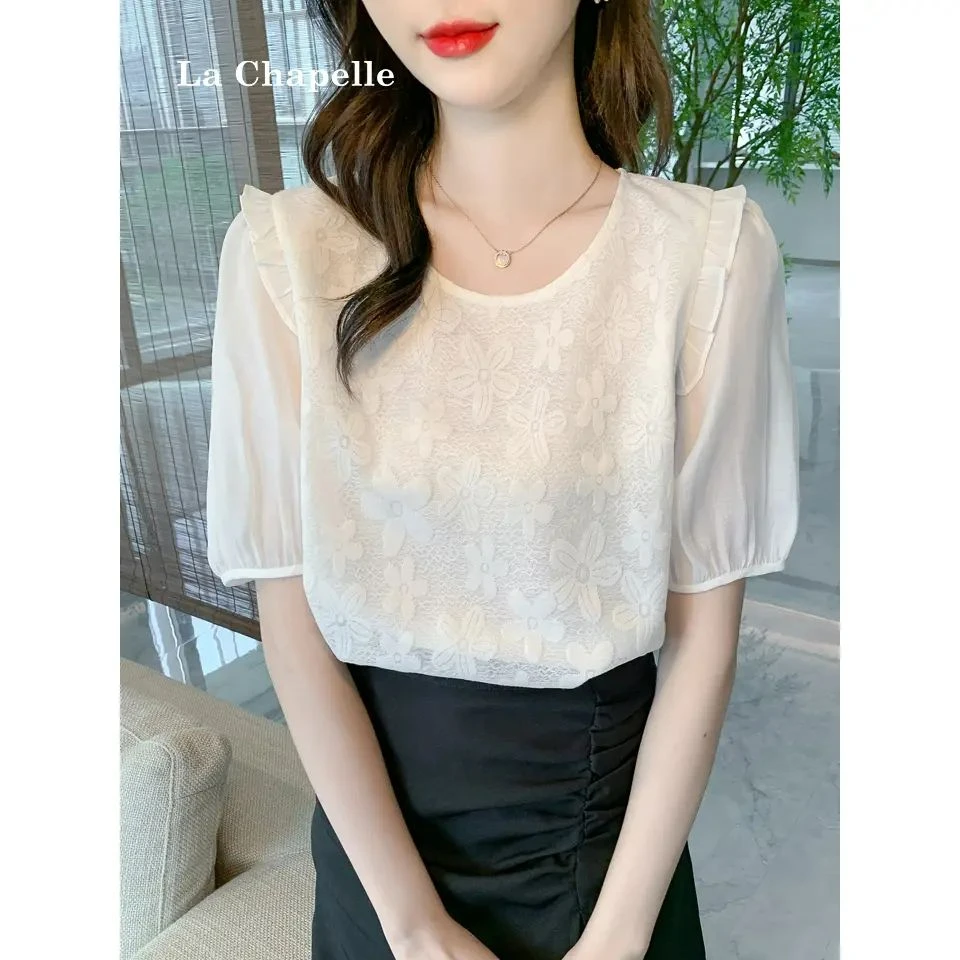 拉夏贝尔泡泡袖雪纺短袖衬衫上衣女夏季2025新款法式衬衣百搭小衫