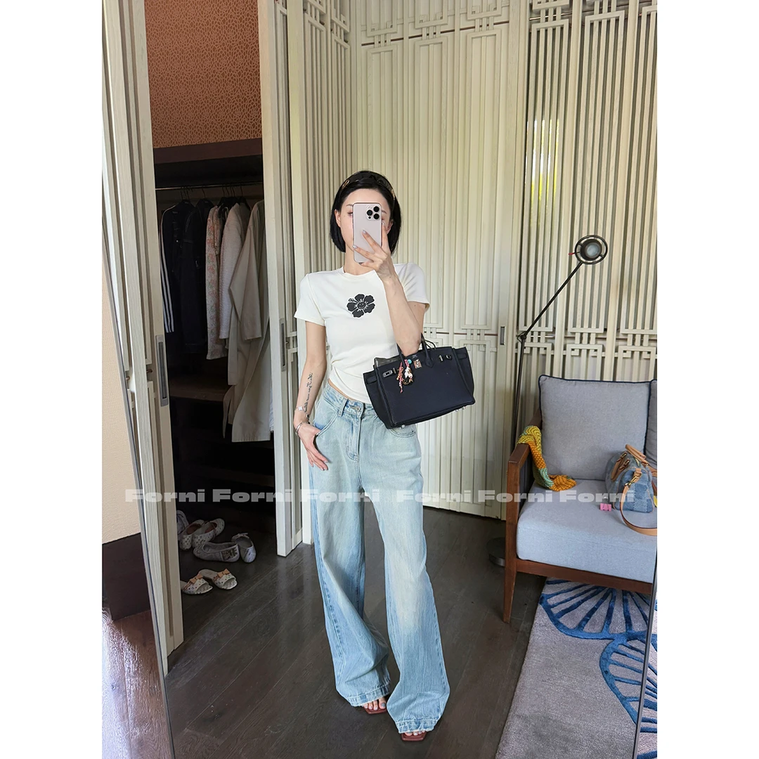 FORNI 酒神裤 100水洗新疆棉扎花中高腰直筒阔腿牛仔裤