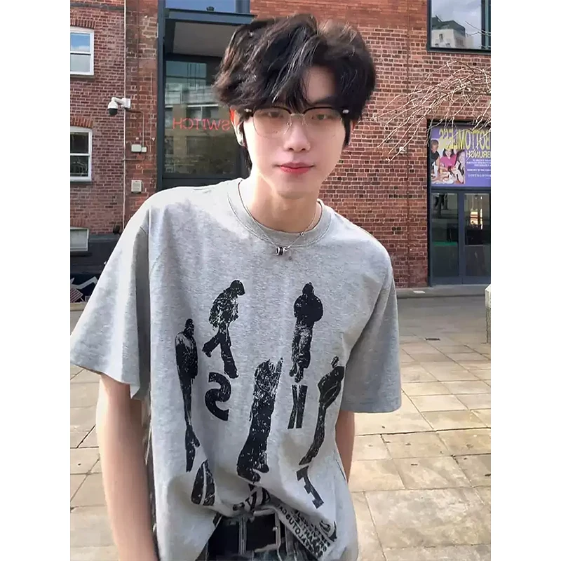 美式复古人物印花短袖男款夏季潮牌高级感痞帅t恤cleanfit五分袖