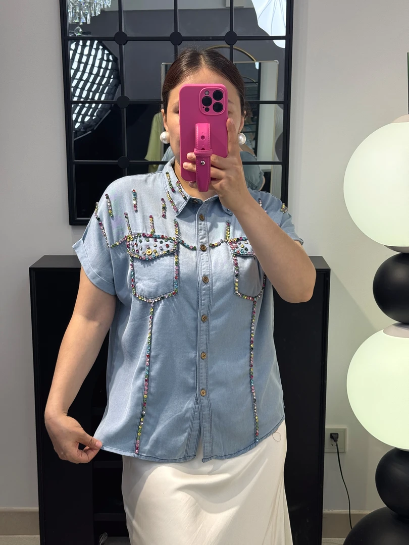 iselrag《亿瑟礼色彩》女装新款重工顶珠短袖牛仔衬衫时尚衬衣夏季