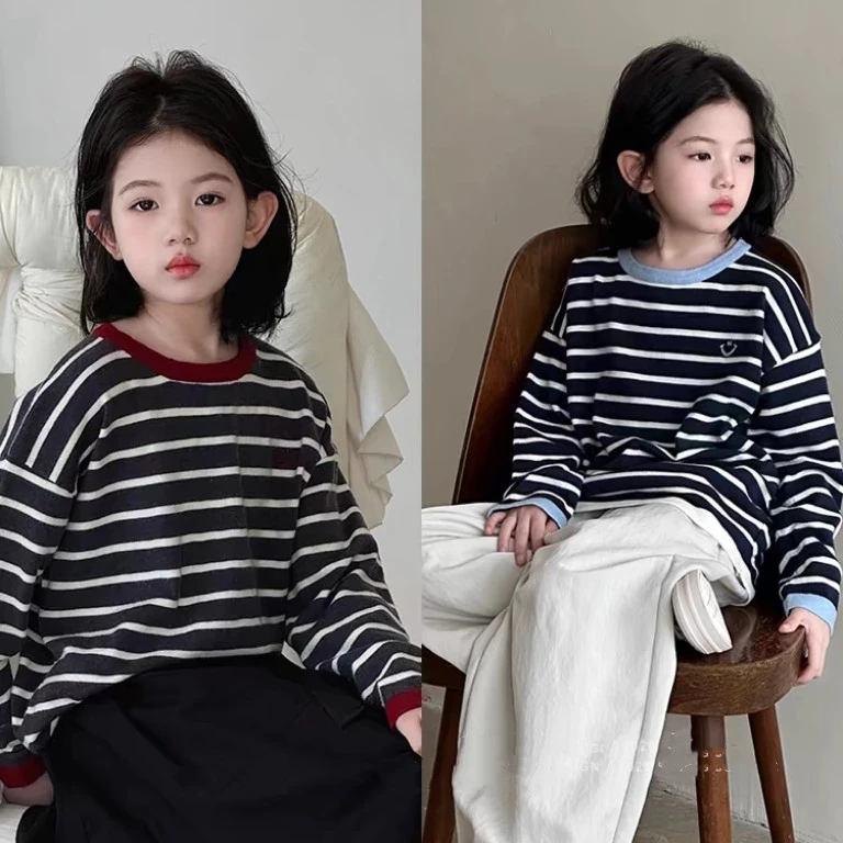 2025秋季新款春秋百搭经典条纹休闲风T恤韩版长袖圆领上衣打底衫
