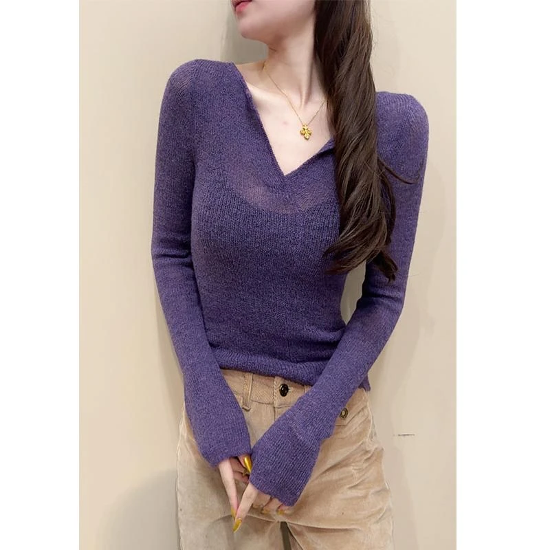 V领长袖毛衣【桶哥港风】2025ins风秋冬修身显瘦打底针织衫女