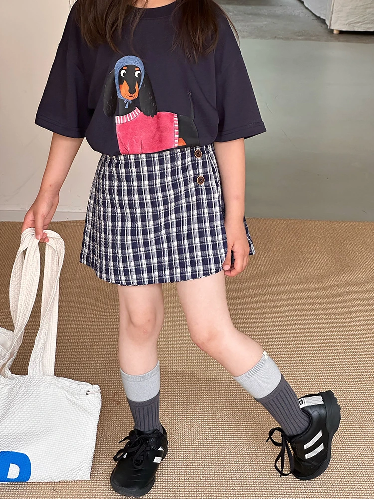 【依妈童品】女童夏季设计感泡泡棉休闲复古洋气格子半身裙裤25E047