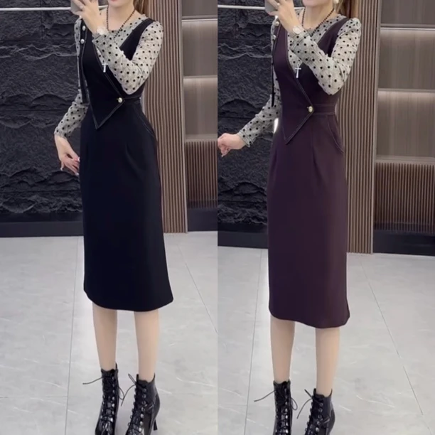 早秋网红新款时尚显气质瘦高级感洋气假两件拼接连衣裙女9929