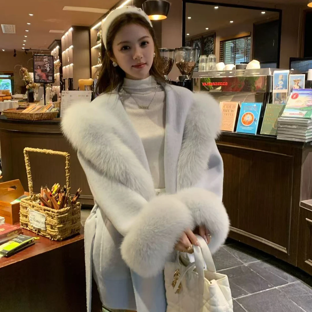 狐狸毛大毛领双面羊绒羊毛大衣女2025新款高级感连帽外套2991