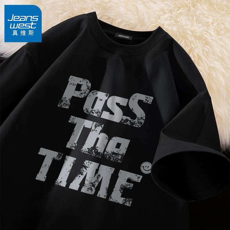 真维斯短袖男款爆款2025新款美式字母T恤学生纯棉半袖黑色半袖潮A