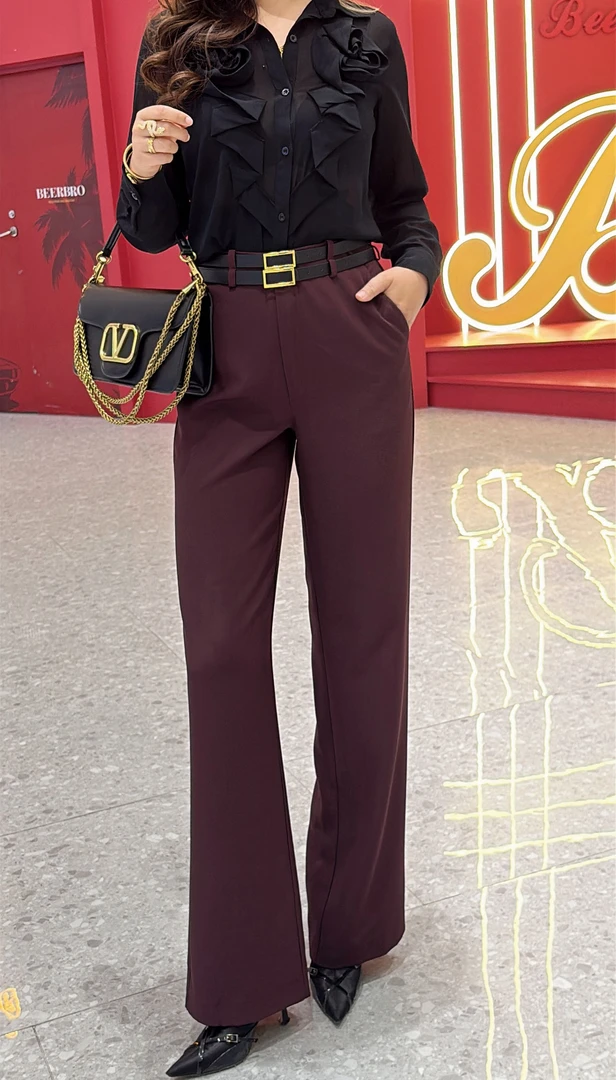 秋冬高腰双层腰带阔腿直筒裤