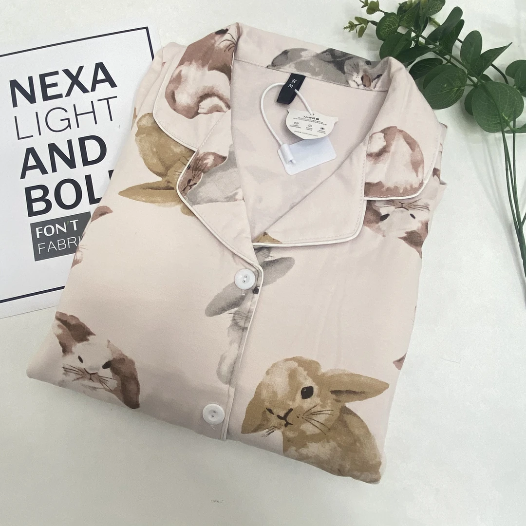 065#高货气质轻奢长袖长裤开衫100%纯棉带胸垫女士睡衣套装家居服