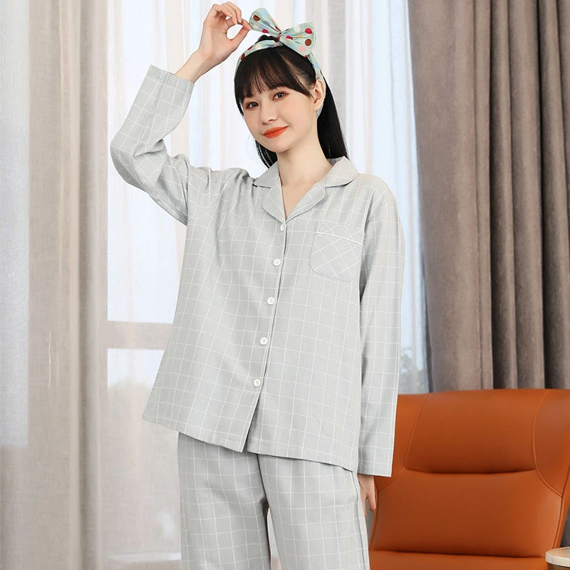 透气长袖格子睡衣睡眠家居服套装薄款女士休闲春秋季家居服