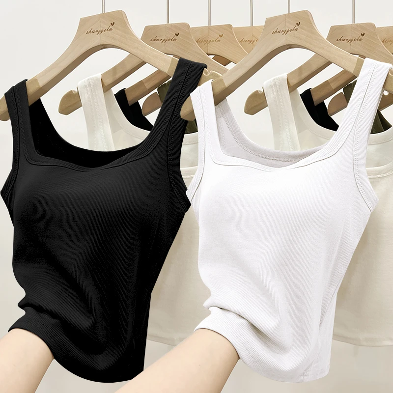 高颜值方领无袖吊带背心女春夏带胸垫美背遮副乳外穿内搭打底上衣