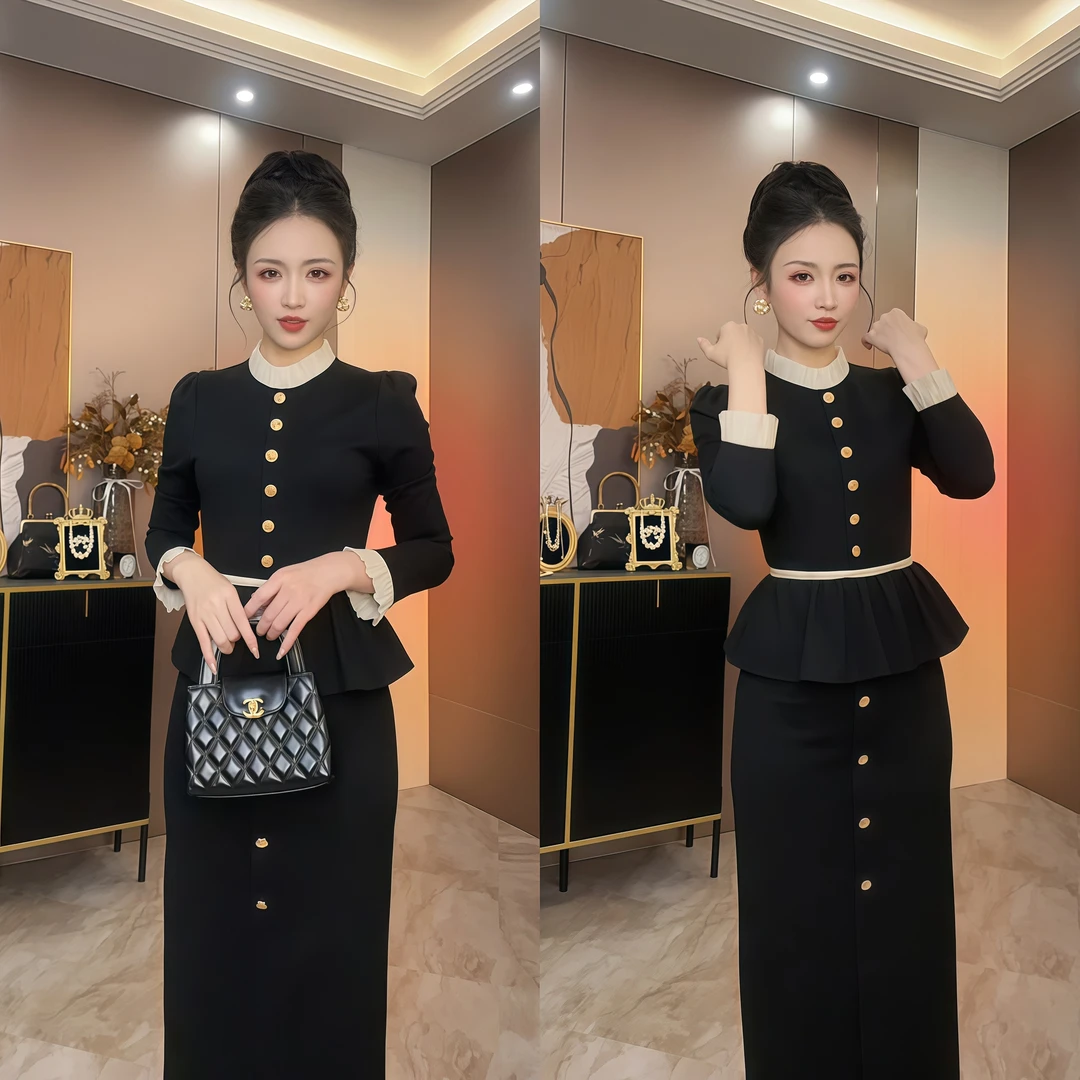 流行时尚潮牌女装千金风两件套显瘦修身洋气气质赫本风套装减龄