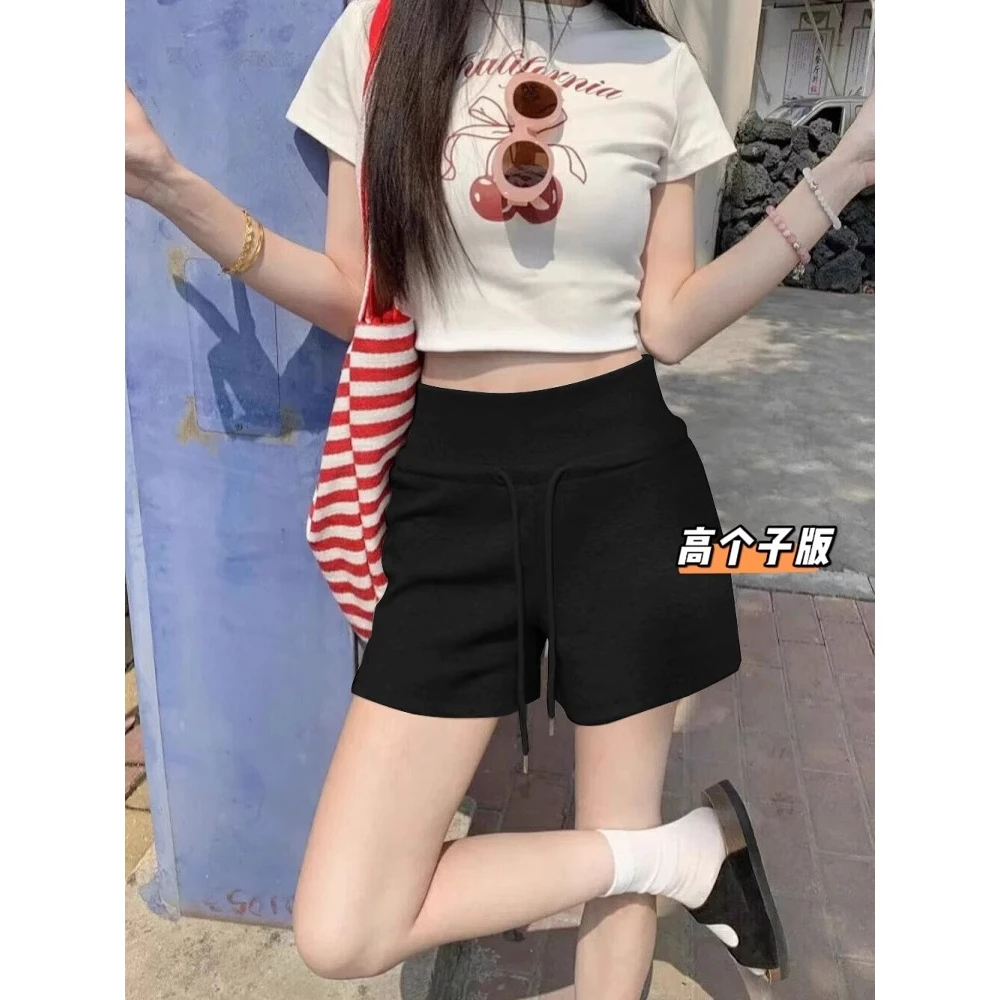 美式复古运动辣妹灰色运动短裤女夏季高腰直筒休闲阔腿a字热裤