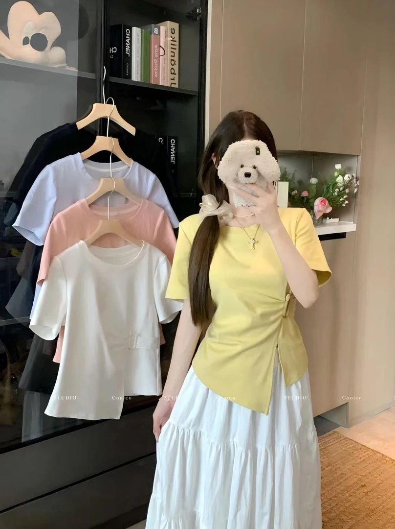 【8500】胖mm春季欧若风法式别致扭结短袖T恤设计感显瘦上衣BDI8500