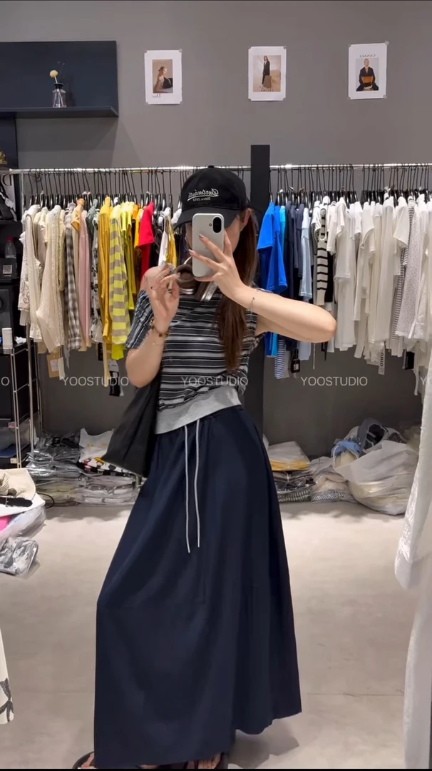 Coriander香菜  韩系夏季条纹一字肩上衣半裙套装6833589