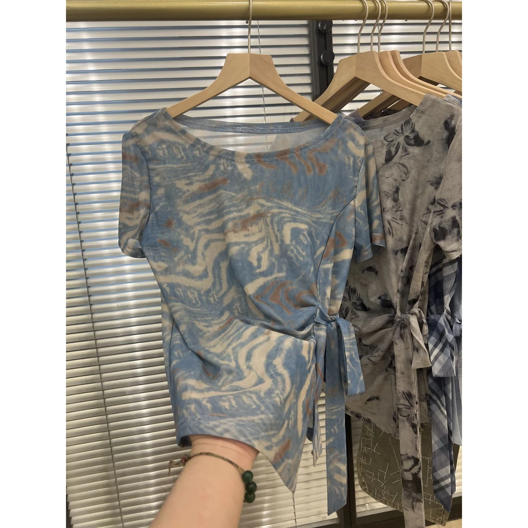 夏季新款网纱短袖恤女百搭罩衫蝴蝶印花气质绑带设计感上衣