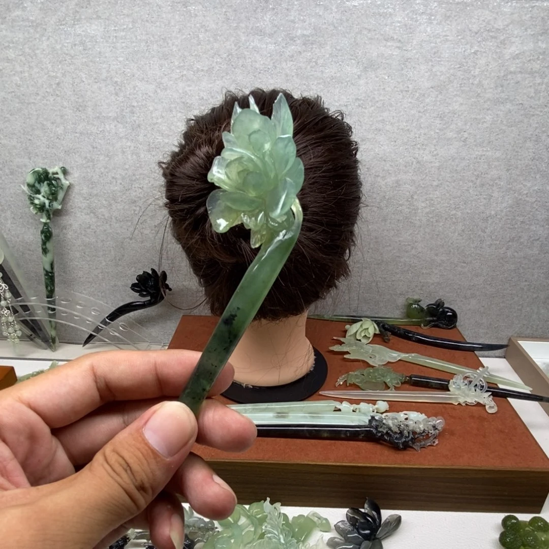 桑***晚蛇纹石玉未镶嵌发簪