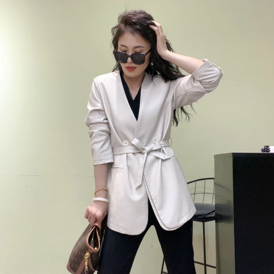 25秋季V领显瘦韩版中长款系带皮衣秋冬长袖宽松女装气质收腰网红