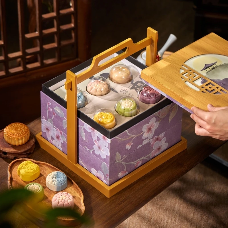 高档中秋月饼礼盒手提高档雪媚娘流心月饼紫韵兰亭礼盒送长辈领导