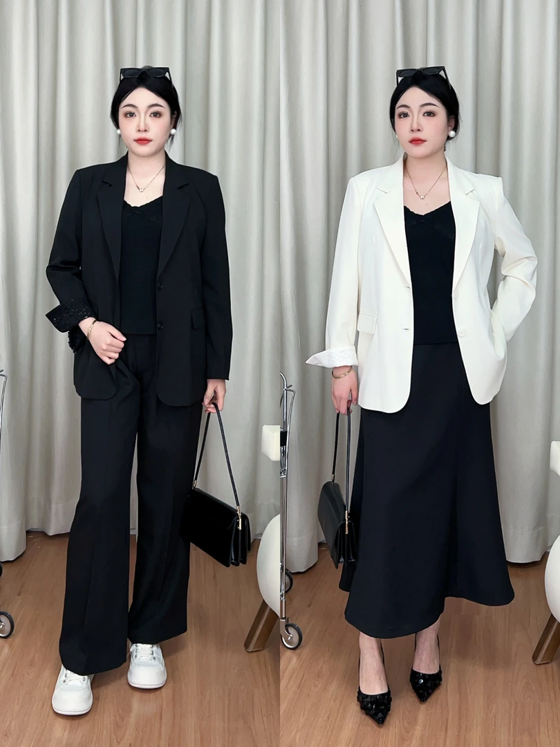 豆豆JXQ0102微胖女装25春新款西装外套设计感蕾丝袖口