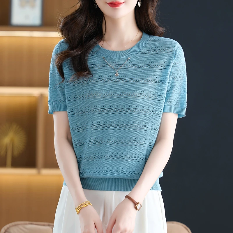 25新款天丝女士圆领口镂空设计宽松舒适透气短袖上衣