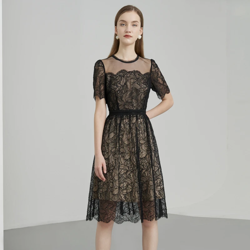 【陈大可专属】恩曼琳夏季复古圆领短袖收腰网纱蕾丝连衣裙WANCBA04