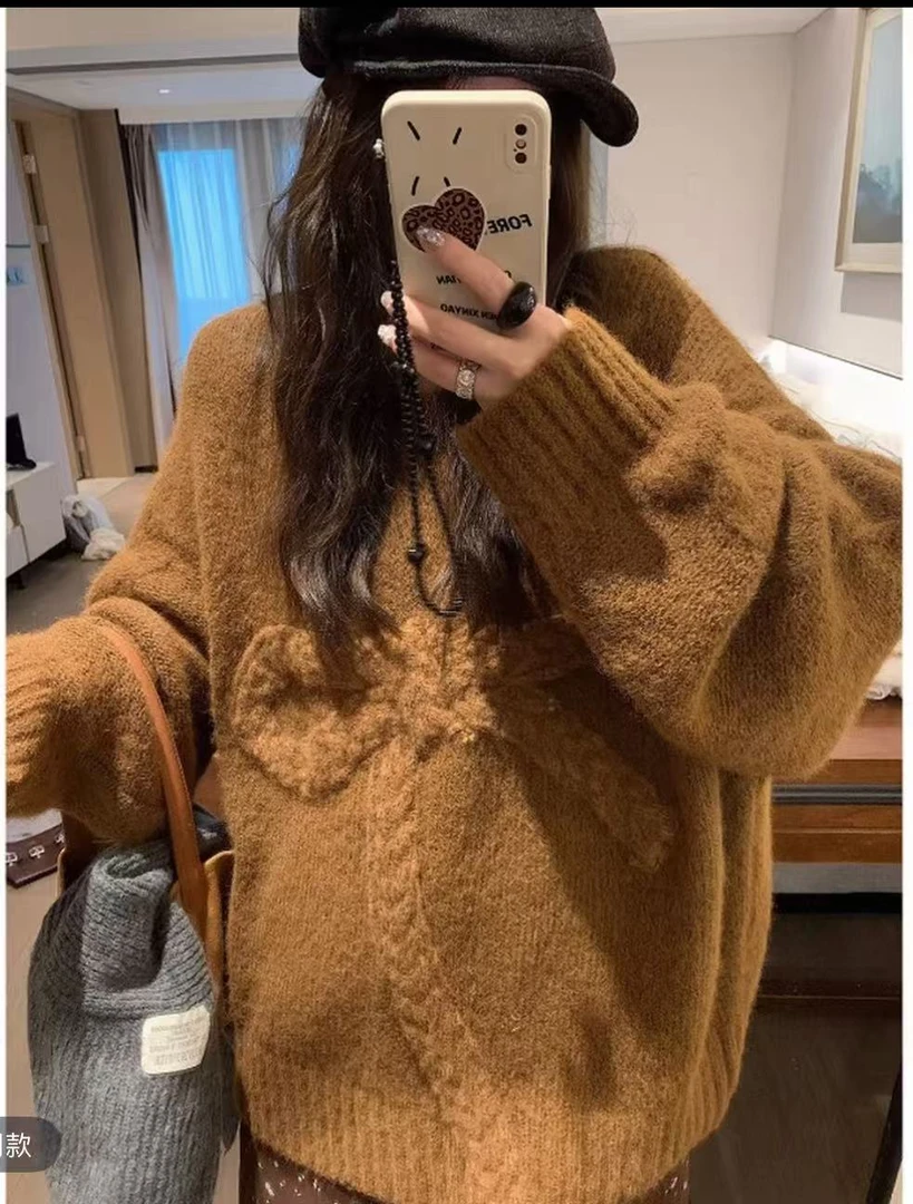 韩系复古套头立体蝴蝶结圆领套头毛衣女秋冬慵懒高级感宽松针织衫