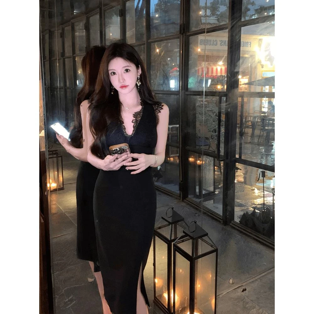 SYJ/舒衣家 法式气质蕾丝拼接v领无袖连衣裙女秋季法式V领包臀裙