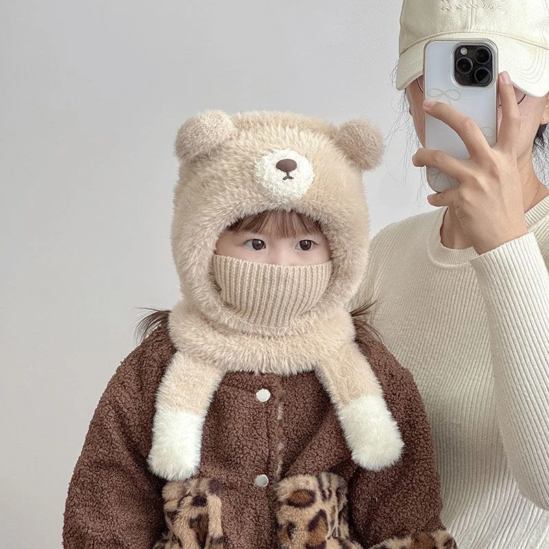 儿童帽子秋冬可爱小熊男童围脖口罩一体毛绒保暖女宝套头护耳帽LQ