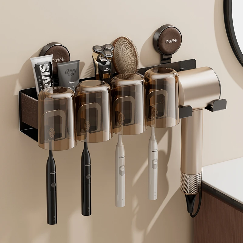 橱明星壁挂吹风机架免打孔卫生间漱口杯牙膏牙刷架子中古风收纳架