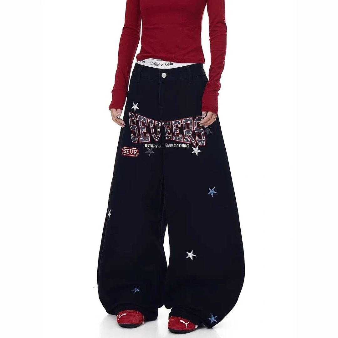 美式复古星星字母刺绣弯刀牛仔裤男女设计感宽松阔腿裤