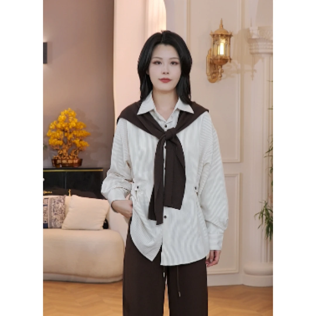CYM3509港味复古针织披肩竖条纹女秋新款时尚设计感小众显瘦衬衫