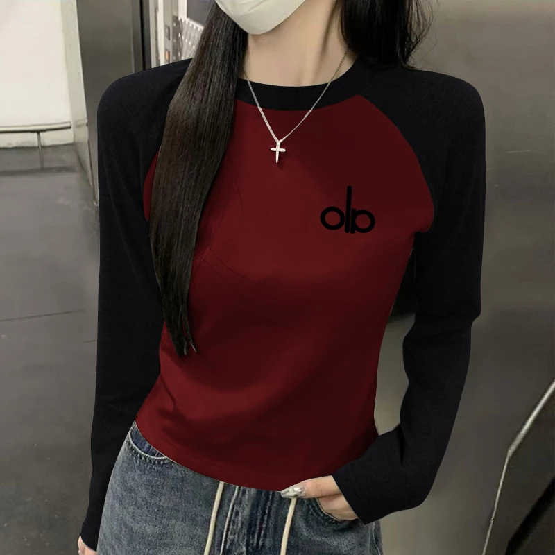 韩版印花百搭撞色圆领打底衫女秋冬修身显瘦保暖内搭遮肉长袖t恤